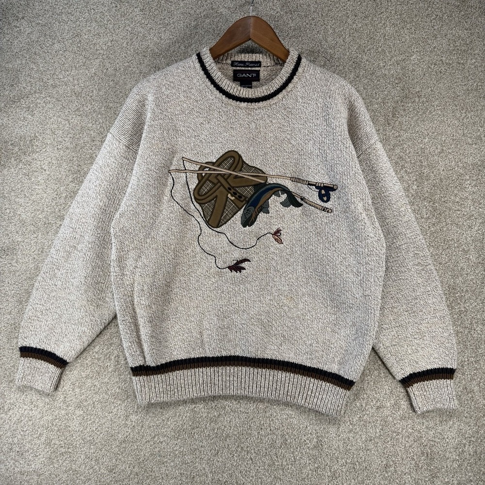 VTG Gant Mens Fishing Sweater Sz M Cotton Knit Embroidered Grandpa 90s *Stains*